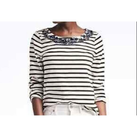 Banana Republic Shirt Medium Stripe Embellished Scoop Neckline Navy White - Picture 1 of 12